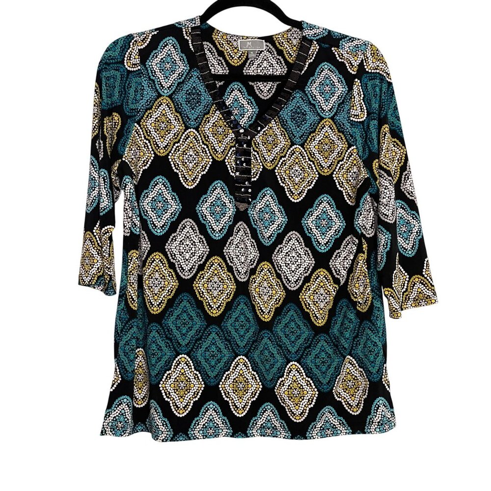 JM Collection Women's Geometric Print Top XLarge teal yellow black white